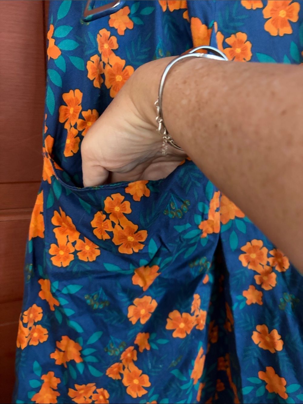 Modcloth Navy Blue Midi Dress with Orange Floral Print - Picture 2 of 11